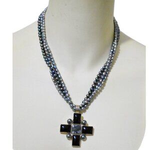 J Joe Piaso Jr Triple Strand Grey Freshwater Pearls Onyx Cross Sterling Silver